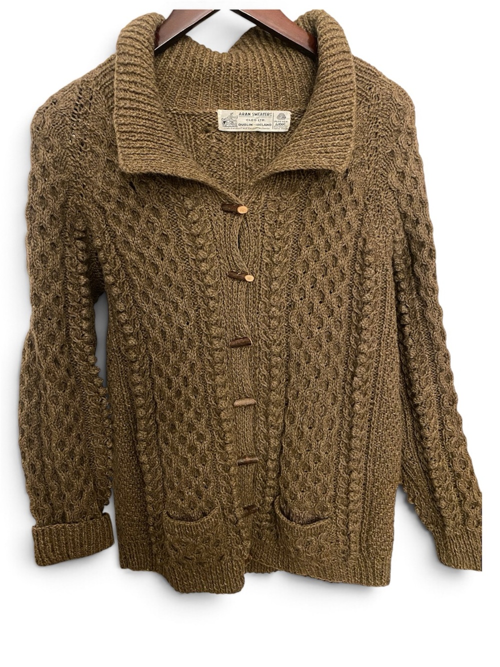 Vintage Aran Cable Knit Shawl Collar Sweater Cardigan Brown Handknit Irish Wool
